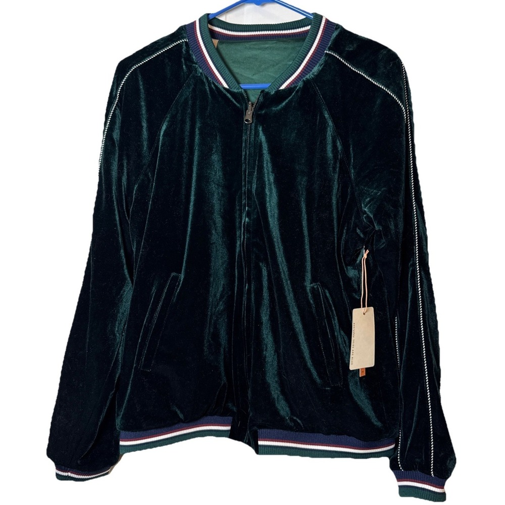 NWT Skies Are Blue Velvet Bomber Jacket Womens Small Green Zip Ribbed Trim
